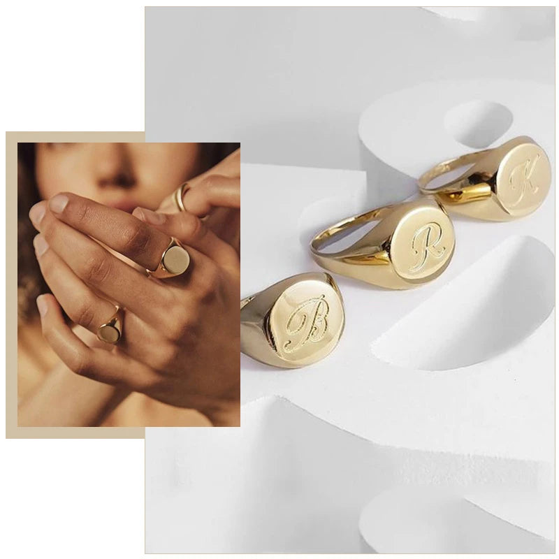 Chic Personalize Engraving 26 Letters Signet Rings for Women Stainless Steel Initial Alphabet Custom Female Gits Jewelry